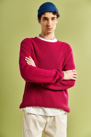 Dressed in a vibrant pink sweater, a young man stands with arms crossed on a pastel green...