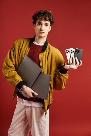 A stylish young man with curly hair holds tech devices while posing confidently on a bold red...