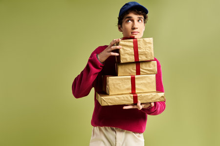 A young man with curly hair clutches beautifully wrapped Christmas gifts in a bright studio.