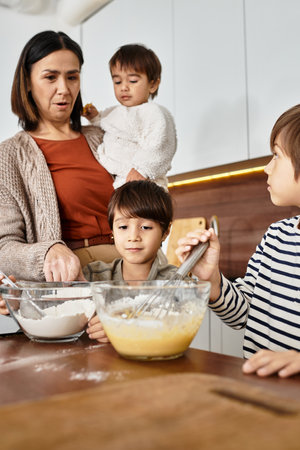 A joyful grandmother passionately cooks with her grandsons, sharing love and laughter before Christmas.の写真素材