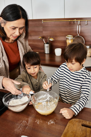 A warm moment shared as a grandmother teaches her grandsons to bake festive treats together.の写真素材