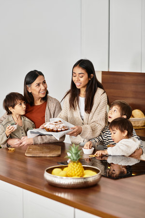 A joyful family shares the Christmas spirit, baking delicious cookies in their modern kitchen.の写真素材