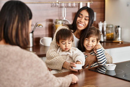 A happy family enjoys quality time baking festive treats in their modern kitchen as Christmas approaches.の写真素材