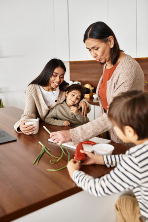 A happy Asian family enjoys cooking together, with children excitedly helping adults before Christmas.の写真素材