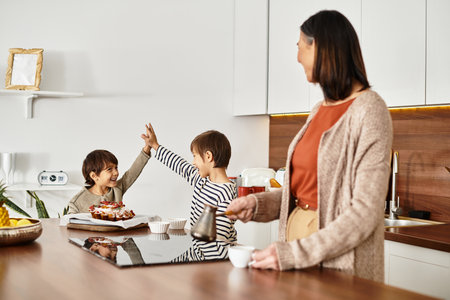 A joyful family enjoys baking together in their stylish kitchen, creating holiday treats and memories.の写真素材