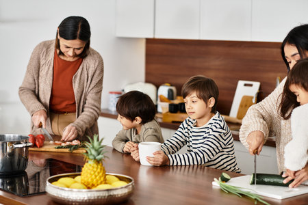 A joyful family preparing festive treats in a sleek kitchen, creating memories and holiday cheer together.の写真素材
