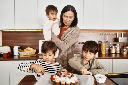 A joyful family prepares holiday baked goods, with children helping while enjoying quality time together.の写真素材