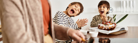 A happy Asian family enjoys baking together in their kitchen, creating holiday treats and memories.