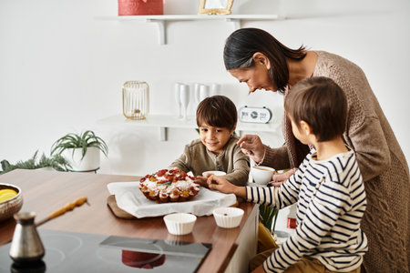 A joyful family gathers in a sleek kitchen to bake festive goodies, with children actively participating.の写真素材
