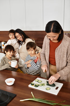 A happy family enjoy cooking together, filling the kitchen with warmth and festive cheer.の写真素材