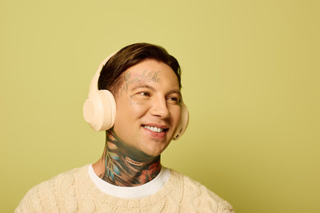 This joyful young man with tattoos enjoys music in bright headphones, radiating happiness.の写真素材