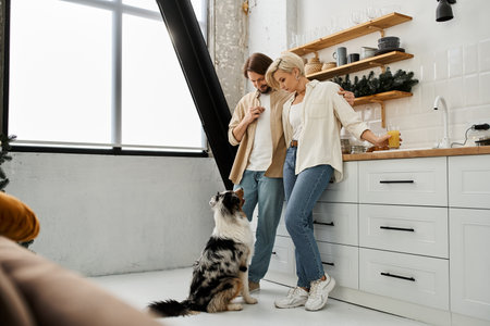 A couple shares a tender moment at home while their dog curiously observes in the kitchen.の写真素材