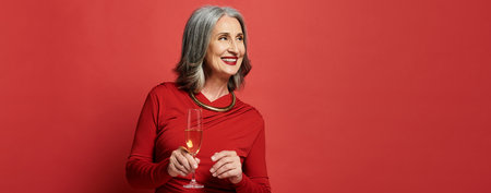 A stunning mature woman joyfully holds a champagne glass, embracing the festive spirit of the...