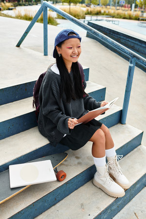 A joyful young student sits on steps, sketching with a skateboard nearby, celebrating youthful creativity.の写真素材