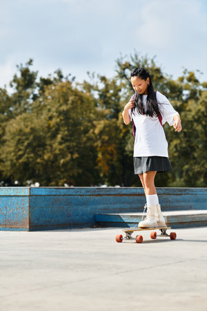 A young Asian girl showcases her skating skills while wearing a trendy outfit in a lively outdoor...