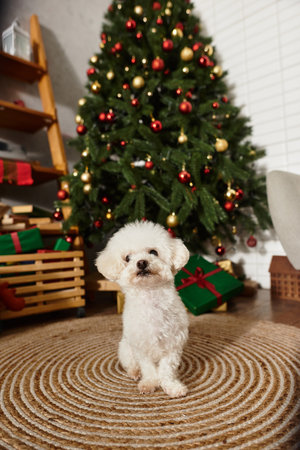 Playful Bichon frise by the festive Christmas tree with presentsの写真素材