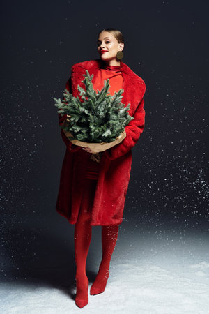 The beautiful woman radiates joy while holding a small decorated tree in a snowy setting.の写真素材