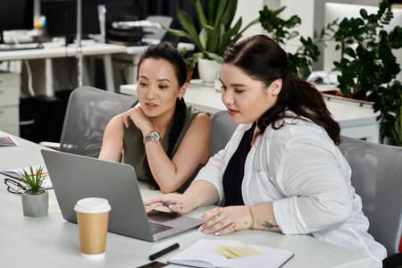 Two professionals engage in a focused discussion while reviewing documents on a laptop.の写真素材
