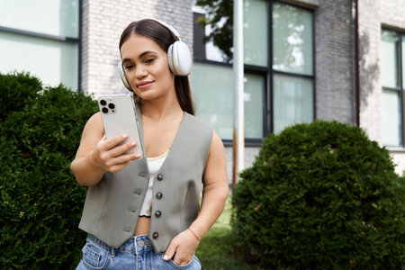 A young brunette woman with a joyful expression listens to her favorite tunes outdoors, embracing the warm sunlight.の写真素材