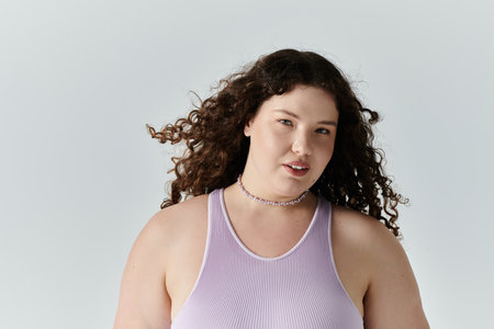 A confident plus size woman showcases her beauty and elegance in a serene pastel backdrop.