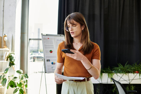 A young non binary person reviews notes while using a smartphone in a bright office.の写真素材