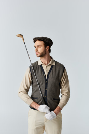 Dressed in vintage golfing attire, he poses confidently with a golf club in hand.
