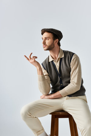 A handsome man dressed in a chic sweater and cap strikes a contemplative pose on a stool.