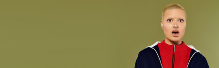 A young bald woman in vibrant clothes shows a surprised expression against her backdrop.の写真素材