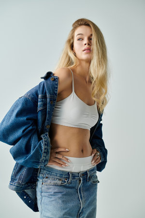 A young woman showcases her unique fashion sense with casual elegance and confidence.