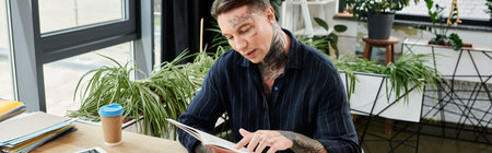 A young coworker reviews documents while surrounded by greenery in a vibrant workspace.
