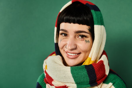 A young woman with tattoos smiles warmly while wearing a colorful sweater and scarf in a cozy studio setting.の写真素材