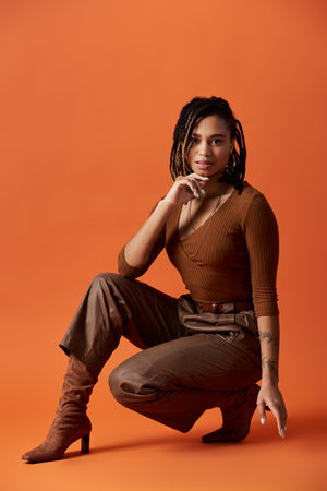 A fashionable young woman showcases her braided hairstyle while posing confidently in a vibrant studio.の写真素材