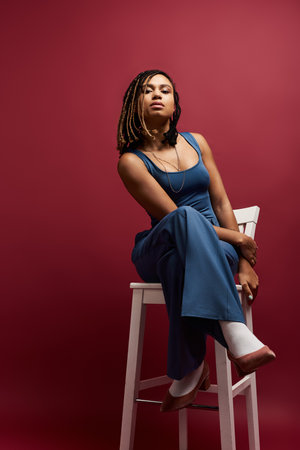A confident young woman in a chic outfit sits elegantly on a stool against a vibrant background.