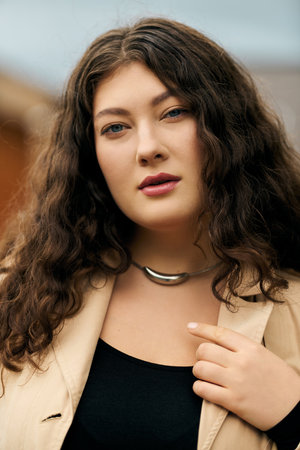 A beautiful plus size woman wearing a stylish dress and trench coat.の写真素材