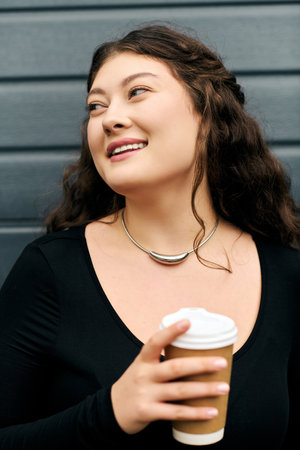 A beautiful plus size woman in a black dress smiles while holding a warm drink