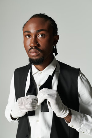 A young African American man in a stylish suit stands confidently, adjusting his bow tie with...