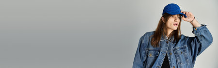 Stylish young guy poses confidently in fashionable denim attire, capturing a vibrant moment.の写真素材