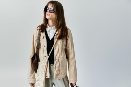 This fashionable young man confidently displays his unique style in urban surroundings.の写真素材