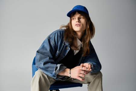 A young man showcases his trendy outfit, exuding fashion confidence and charisma.の写真素材