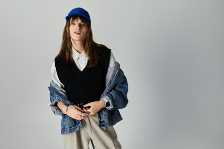 A young man dressed in trendy clothing exudes confidence while sporting a unique layered look.の写真素材