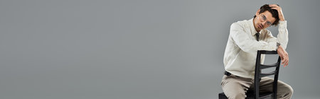 A handsome young man confidently showcases his fashionable formal outfit while posing against a grey background.の写真素材