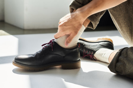 A confident young man sitting against a grey background, radiating style.の写真素材