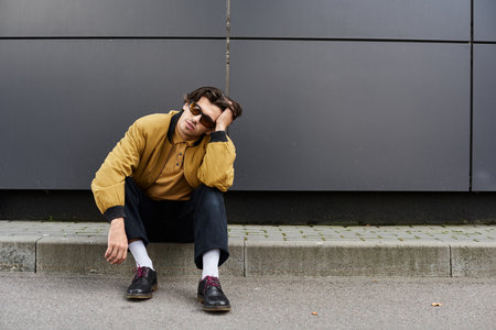 A stylish young man enjoys a moment of reflection while sporting a fashionable autumn ensemble.の写真素材