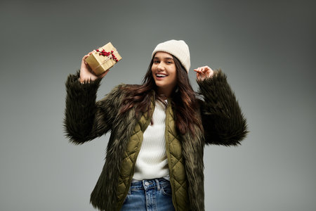 A young woman expresses joy while holding a beautifully wrapped gift in a warm outfit.の写真素材