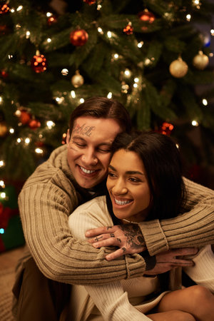 A couple happily cuddles together at home, basking in the warmth of Christmas togetherness.の写真素材