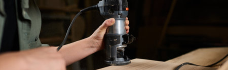 A skilled female carpenter works diligently on a wooden piece with a router, showcasing...