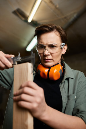 A skilled carpenter focuses intently, measuring wood carefully in her workshop filled with tools and materials.の写真素材
