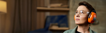 A skilled carpenter thoughtfully evaluates her woodworking project while wearing safety gear in the workshop.の写真素材