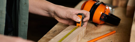A skilled female carpenter meticulously measures wood in her vibrant workshop, ready for...