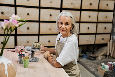 A mature woman engages in pottery crafting, surrounded by artistic materials and storage.の写真素材